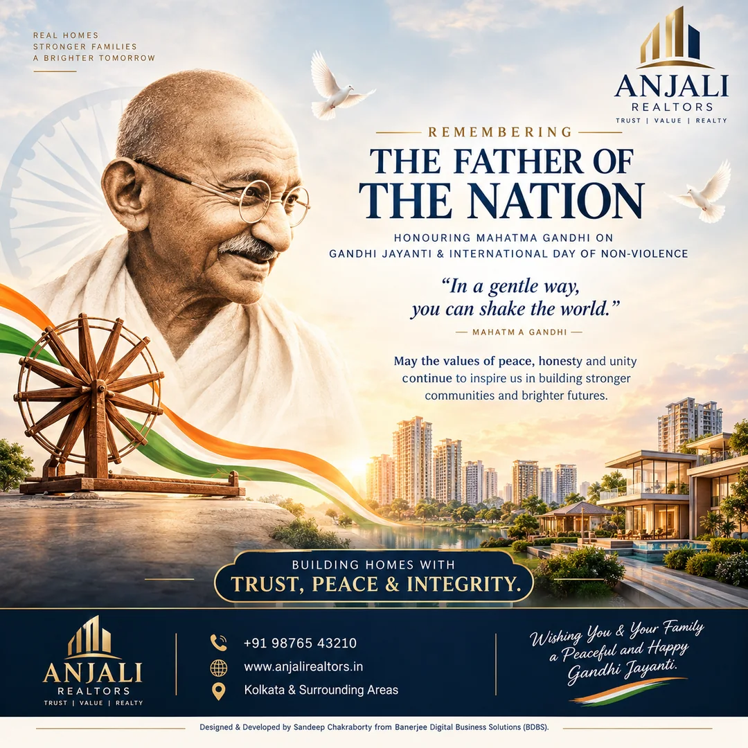 Gandhi Jayanti tribute with charkha and Kolkata residences — Building homes with trust, peace and integrity