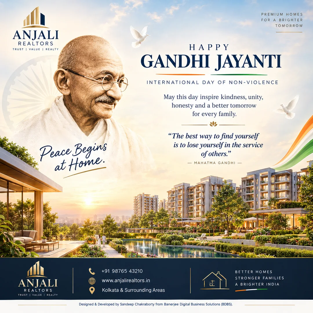 Gandhi Jayanti tribute with Mahatma Gandhi and a landscaped residential community — Peace Begins at Home