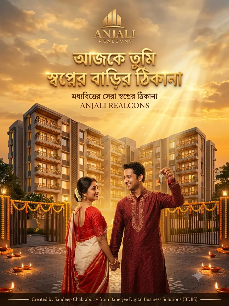 Bengali couple holding new home keys at the festive gate of an Anjali Realcons residential complex