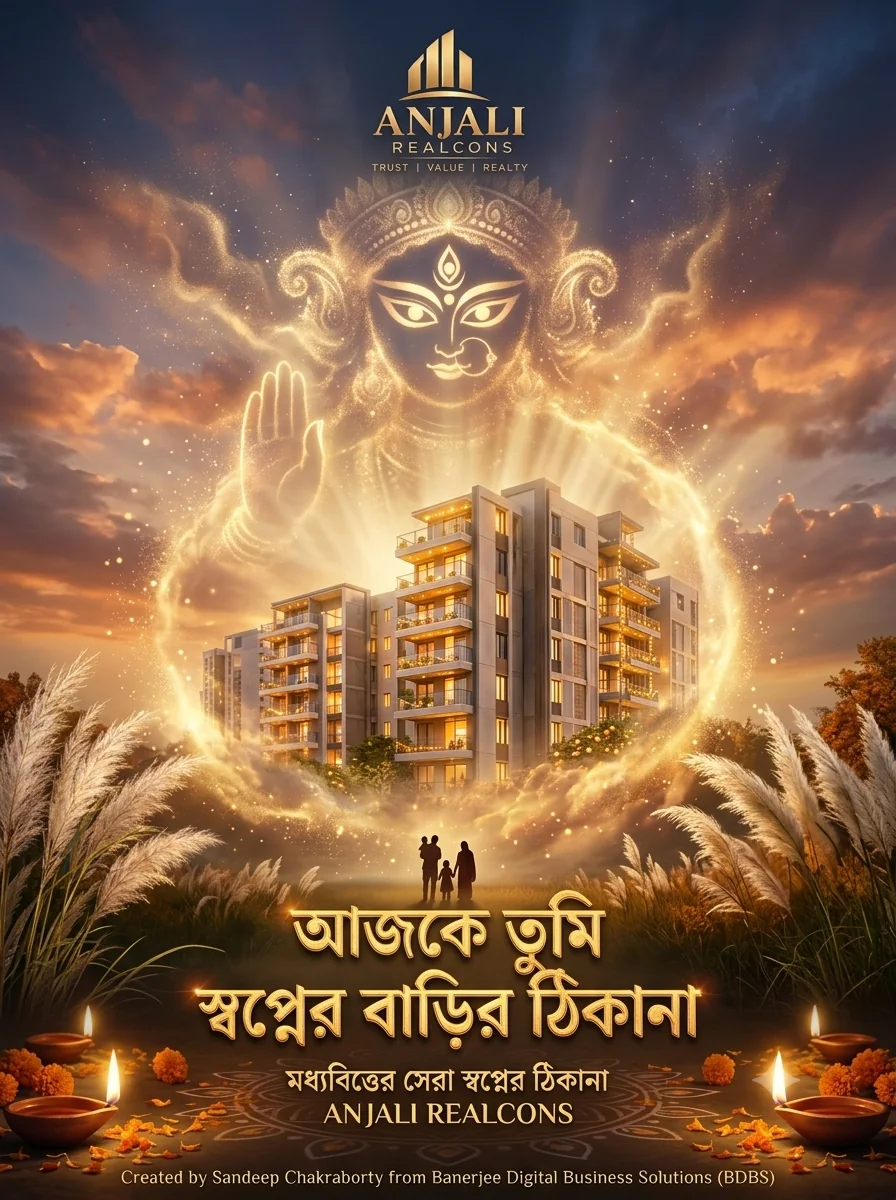 Anjali Realcons Durga Puja poster with Maa Durga blessing a residential tower and a family among kash flowers