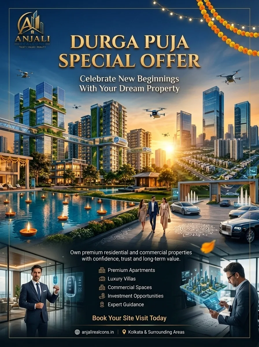 Anjali Realcons Durga Puja offer featuring Kolkata homes, towers and a pool