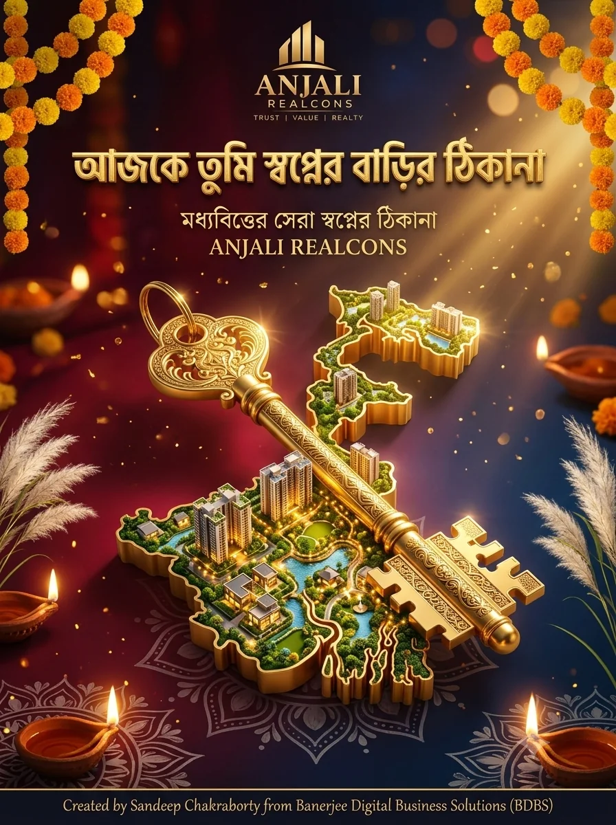 Anjali Realcons festive poster with a golden key over a map of West Bengal dotted with residential projects