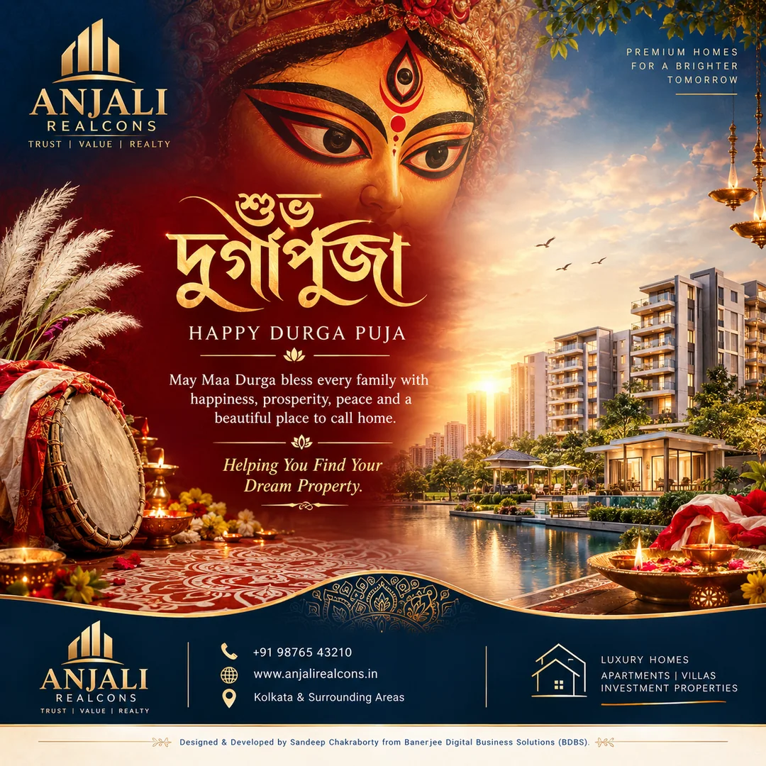 Anjali Realcons Shubho Durga Puja greeting with Maa Durga and a riverside residential community in Kolkata