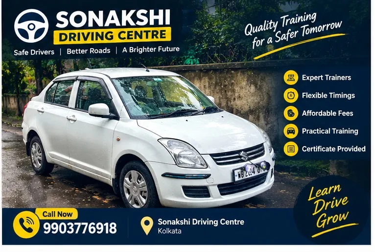 White Maruti Swift Dzire used by Sonakshi Driving Centre