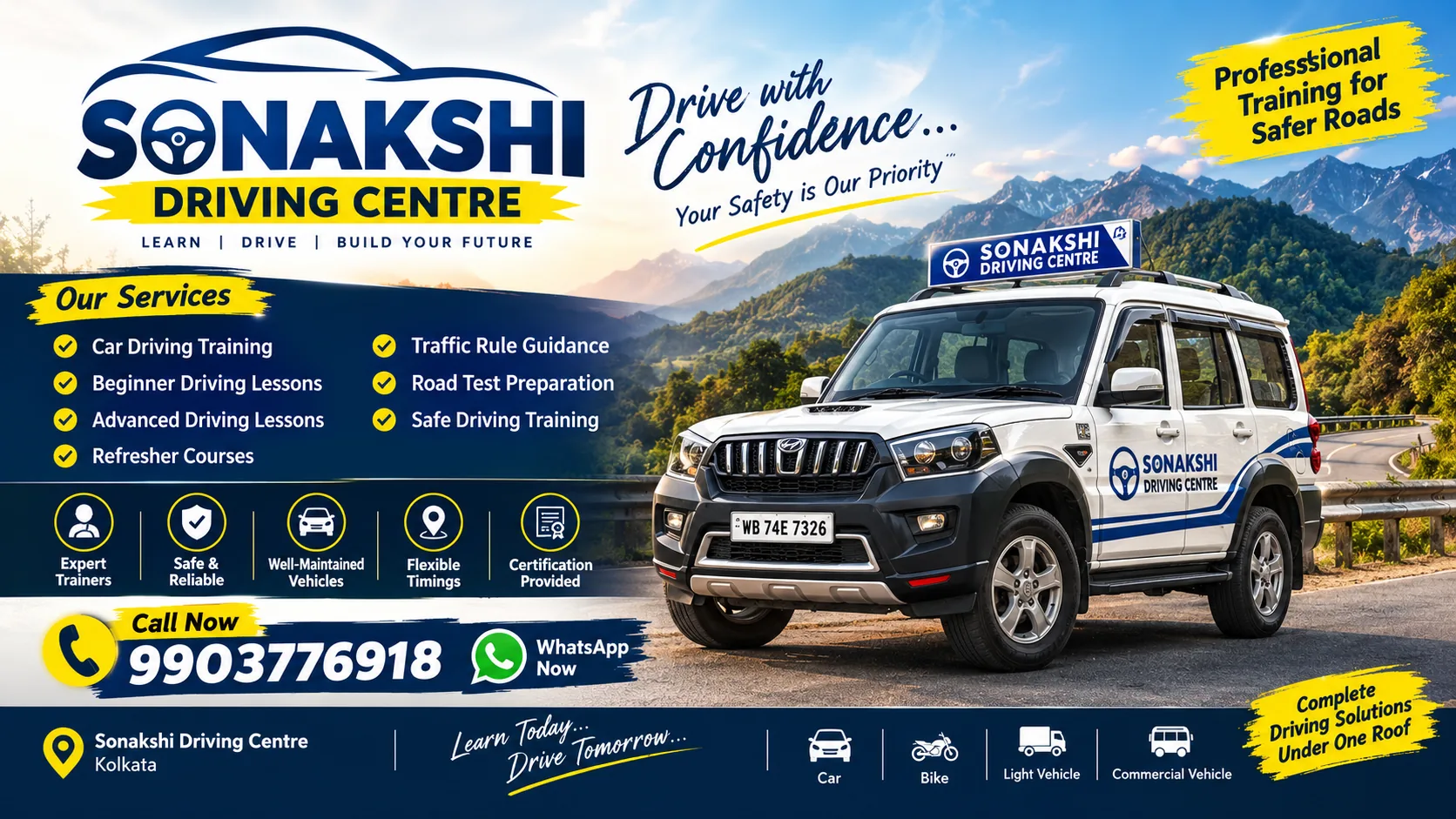 Sonakshi Driving Centre training vehicle with lesson and contact information